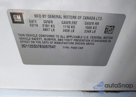 2014 Chevrolet Impala 2Lt from USA, damaged, VIN 2G1125S37E9267547